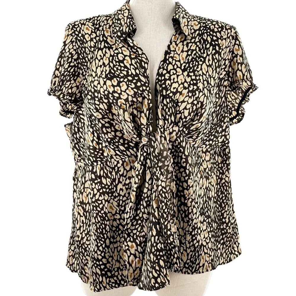 Lane Bryant womens top size 22-24 brown leopard print knotted neck career